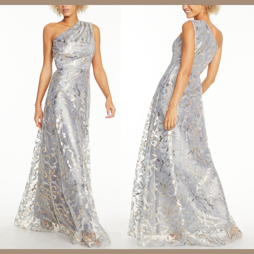 NWT $349 Adrianna Papell Metallic Lace One Shoulder Gown‎ [SZ 16 ]